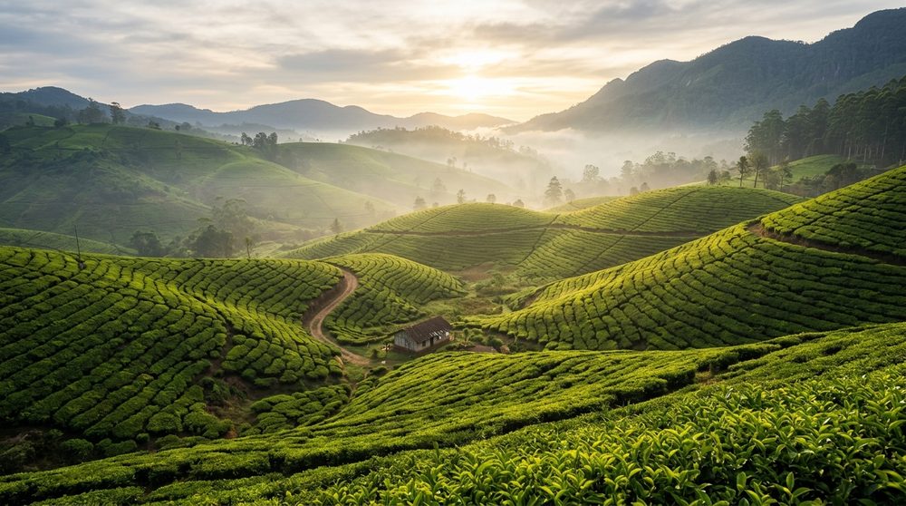 Mist lifting over the tea terraces of Nuwara Eliya