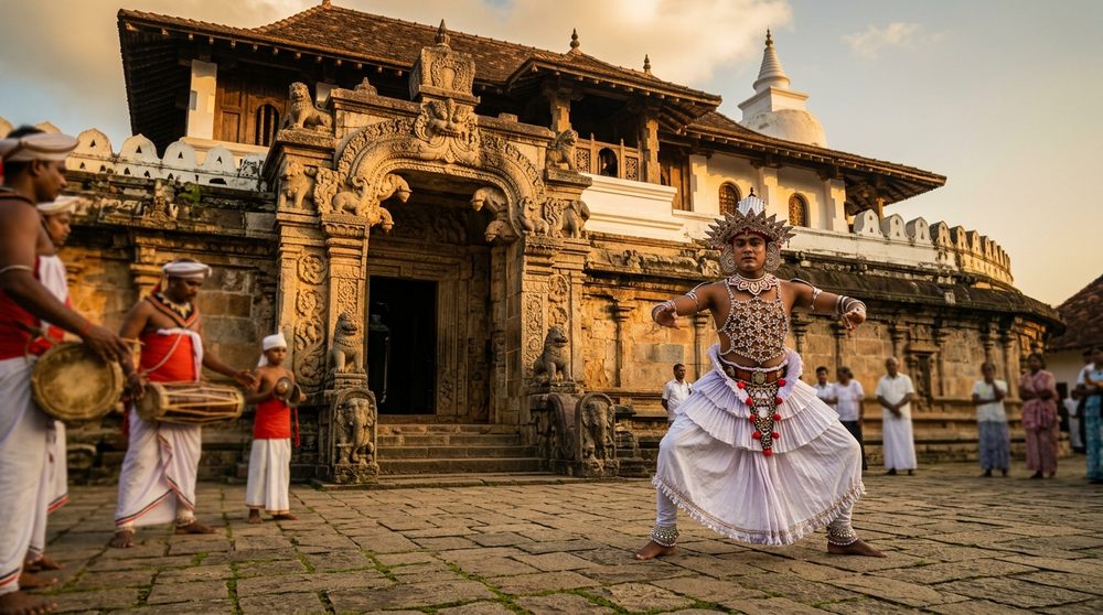 A Kandyan dancer in front of a carved temple doorway